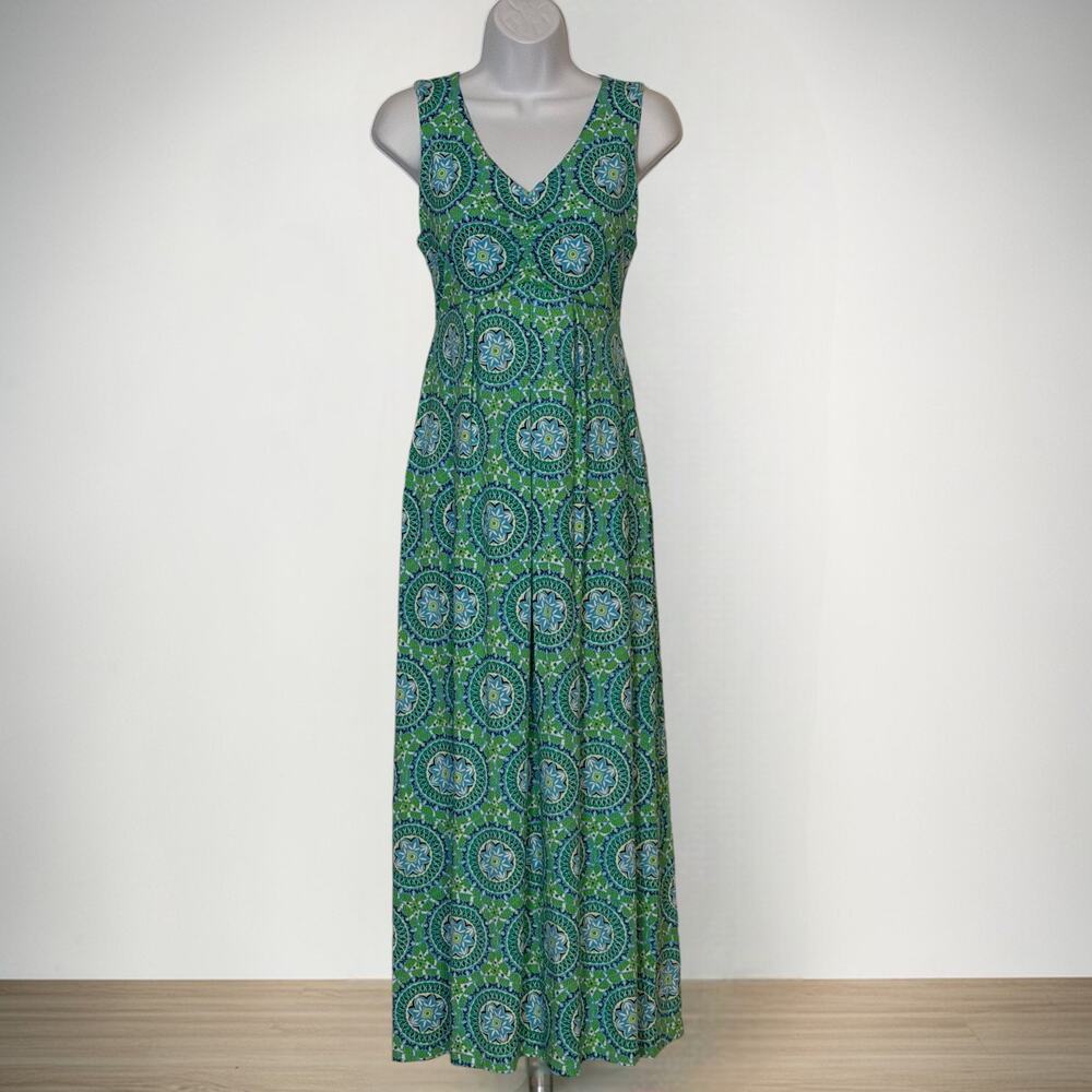 Talbots PS Petite Small Jersey Maxi Dress V Neck Blue Green Tile Medallion Print